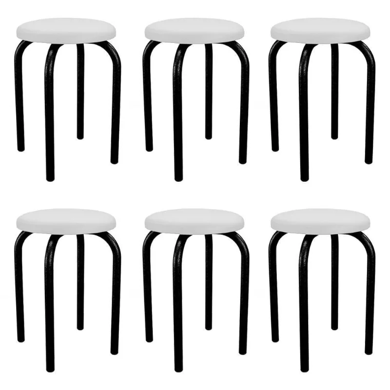 Kit 6 Banquetas Baixas Empilháveis Em Aço Maviê Sintético Branco/preto - Mpozenato