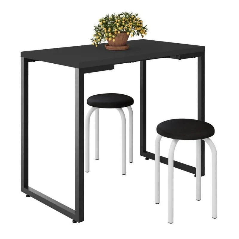 Mesa De Cozinha Bistrô Porto Preto 90cm Com 2 Banquetas Industriais Maviê Preto/branco - Mpozenato