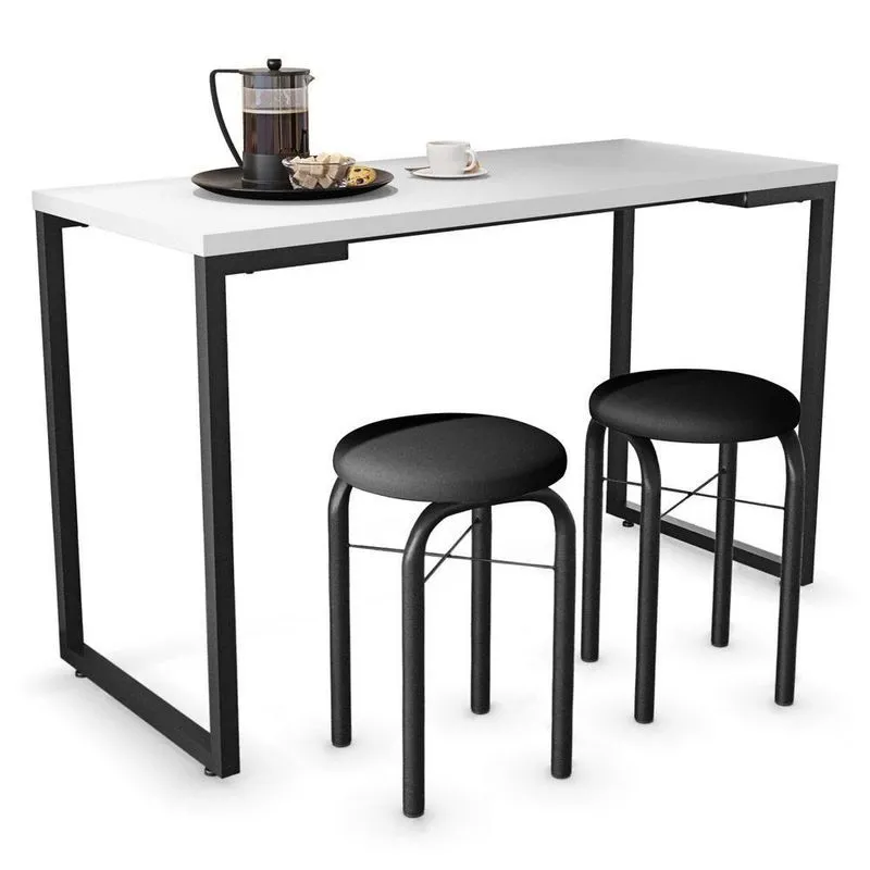 Mesa De Cozinha Bistrô Porto Branco 120cm Com 2 Banquetas Industriais Maviê Preto - Mpozenato