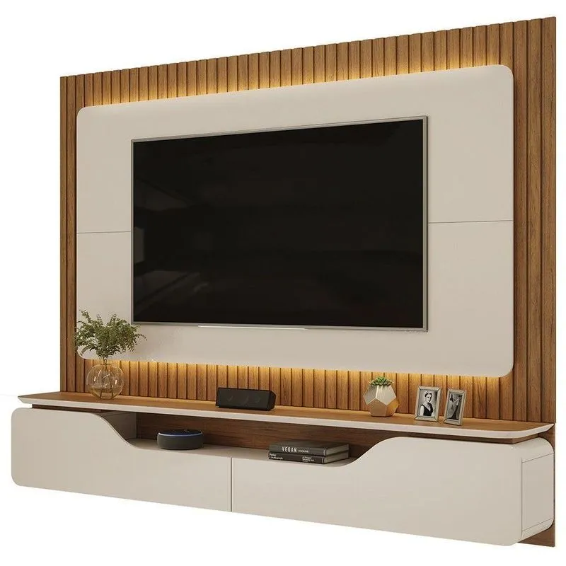 Painel Ripado Para Tv 70 Pol Com Bancada Suspensa 210cm Trevis D04 Off White-freijó - Mpozenato