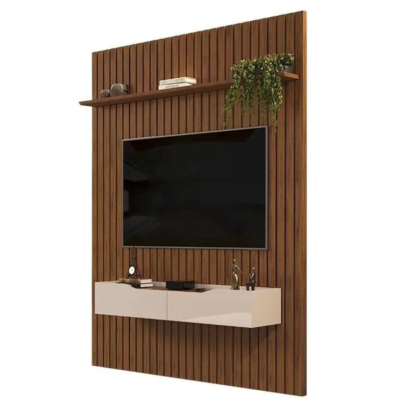 Painel Para Tv 65 Pol Ripado Com Bancada Suspensa 183x240cm Pratisk D04 Freijó/off White - Mpozenato