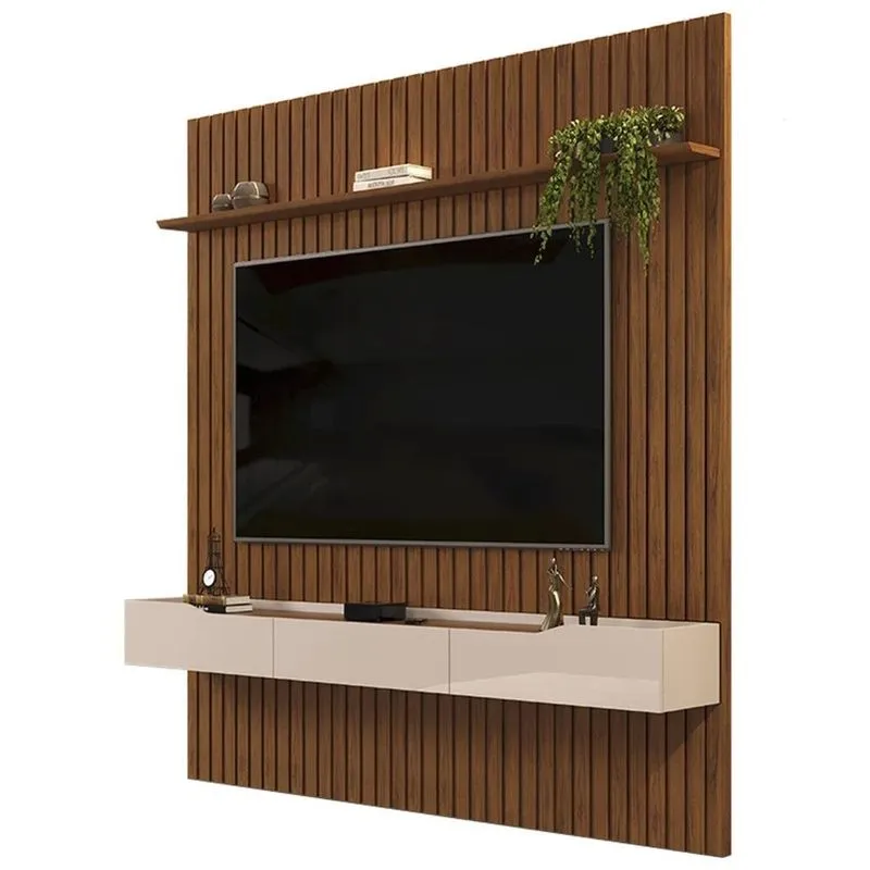 Painel Para Tv 75 Pol Ripado Com Bancada Suspensa 223x240cm Pratisk D04 Freijó/Off White - Mpozenato