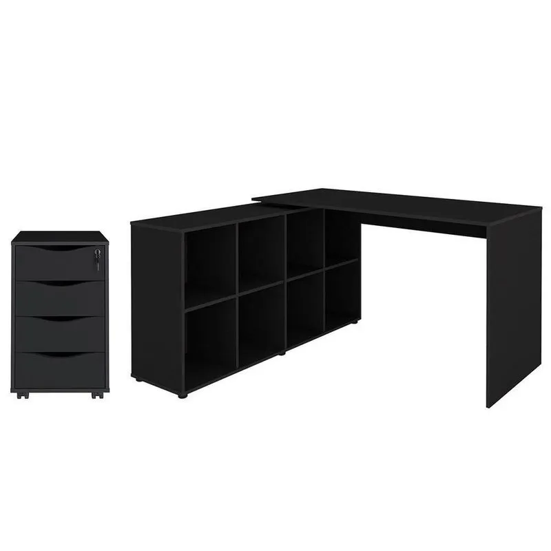 Mesa Escrivaninha Em L Eron E Gaveteiro Com Rodízios Mity A06 Preto - Mpozenato