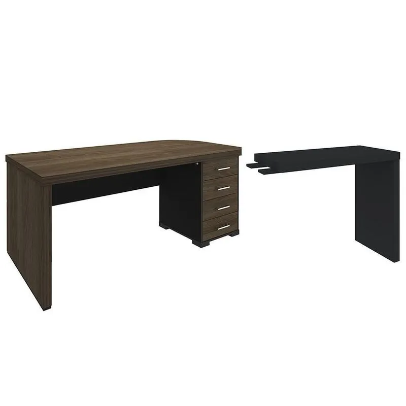 Mesa Para Escritório 4 Gavetas Lado Direito E Mesa Auxiliar Corp A06 Charuto/Preto - Mpozenato