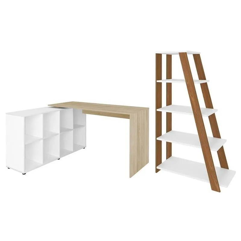 Mesa Escrivaninha Em L Eron E Estante Livreiro Stela A06 Branco-carvalho-freijó - Mpozenato