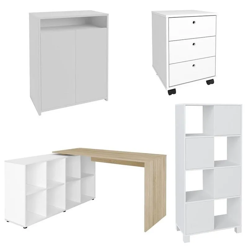 Conjunto Escritório Home Office 4 Peças Nil A06 Branco-carvalho - Mpozenato