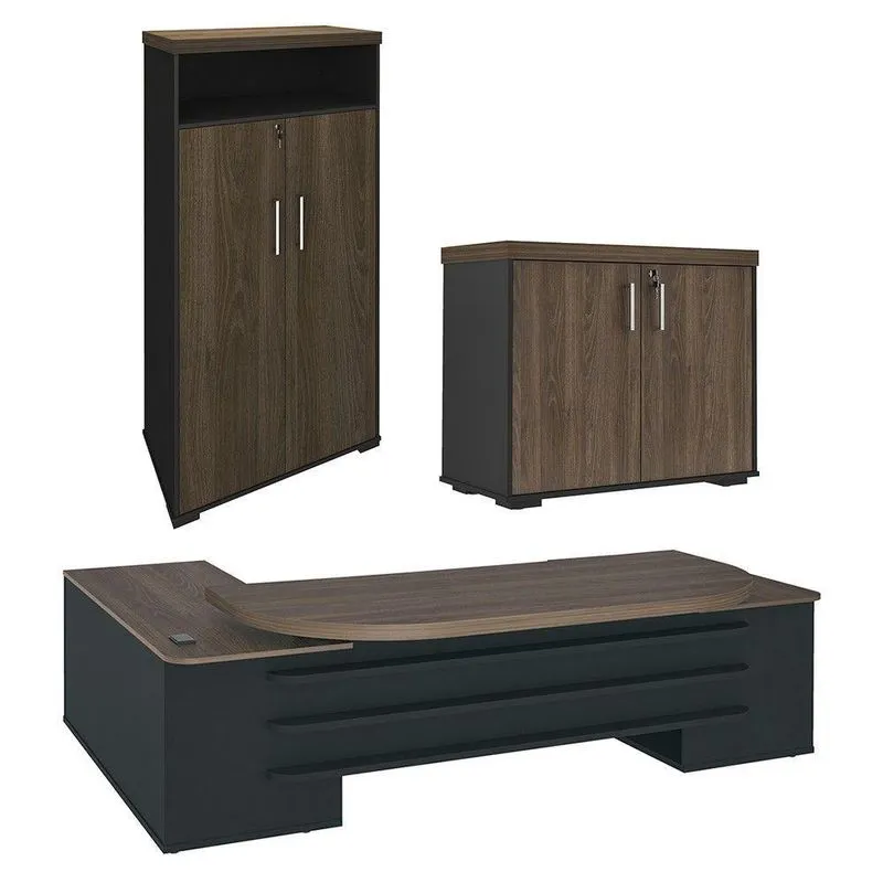 Conjunto Escritório Home Office 3 Peças Mesa Em U Corp A06 Charuto-preto