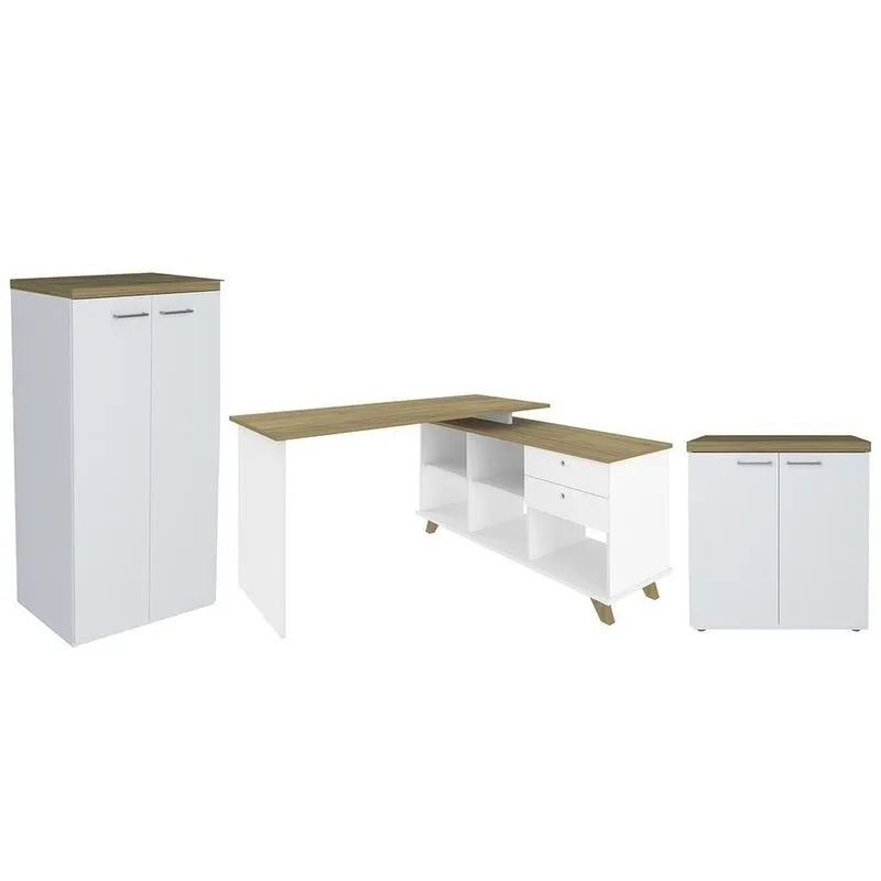 Conjunto Escritório 3 Peças Mesa Em L Golden A06 Olmo/branco - Mpozenato