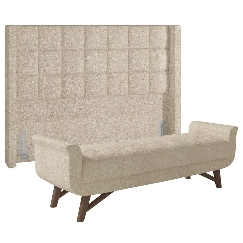 Cabeceira Cama Box Casal 140cm Pisa e Recamier Neville P02 Bouclé Bege - Mpozenato