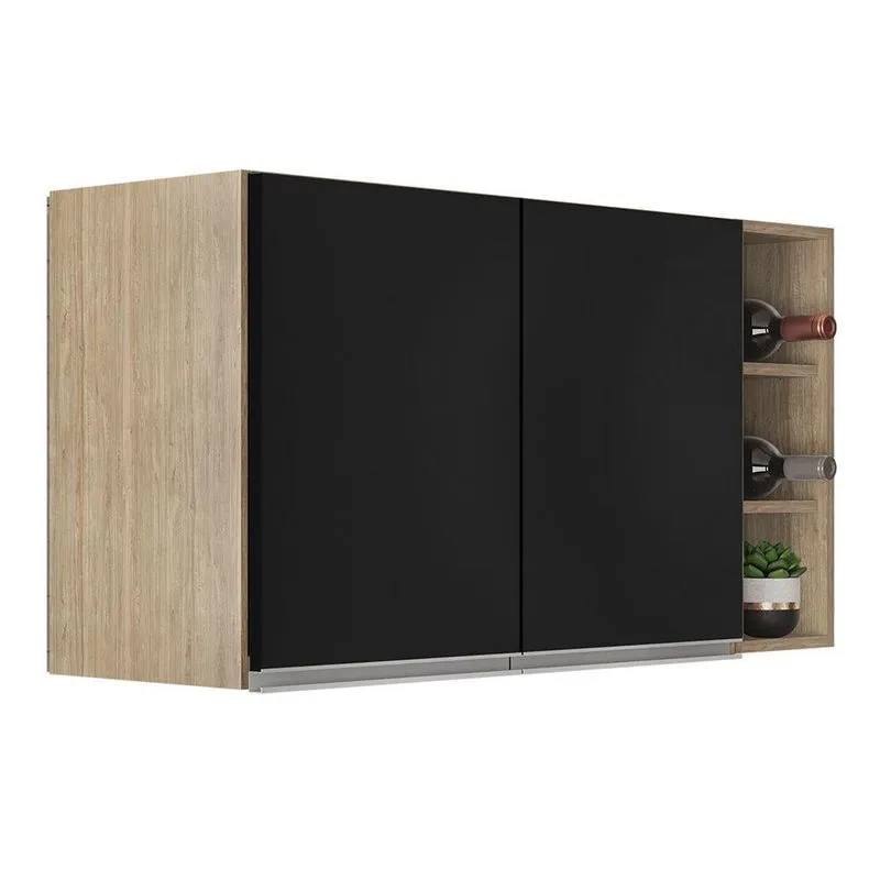Armário De Cozinha Aéreo Califórnia 80cm E Nicho Garrafeiro 20cm Riad Castanho/preto - Lumil