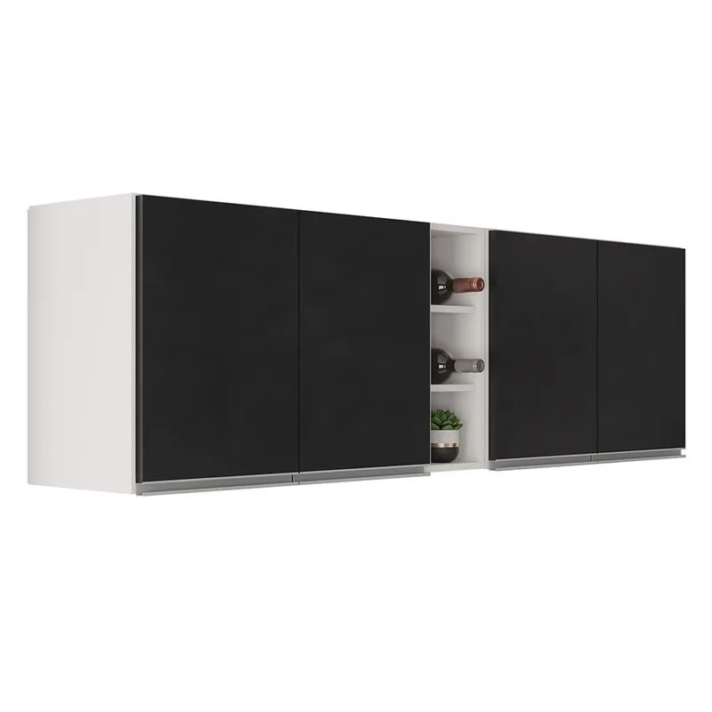 Kit 2 Armários Aéreos Califórnia 80cm E Nicho Garrafeiro 20cm Riad Branco/preto - Lumil