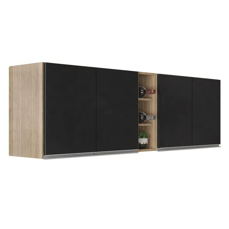 Kit 2 Armários Aéreos Califórnia 80cm E Nicho Garrafeiro 20cm Riad Castanho/preto - Lumil