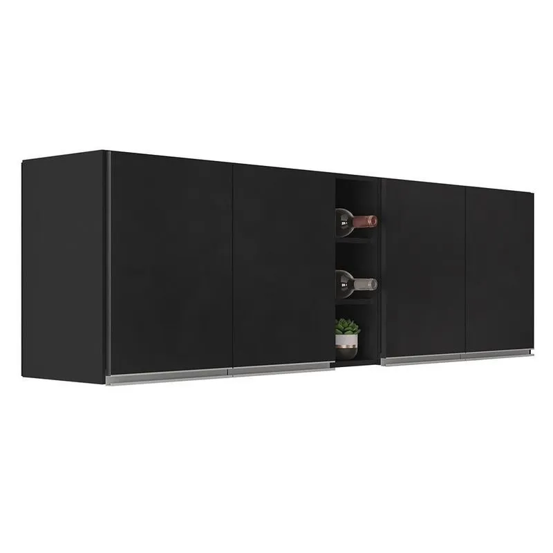 Armário De Cozinha Aéreo Califórnia Kit 2 E Nicho Adega Riad 180cm Preto - Lumil