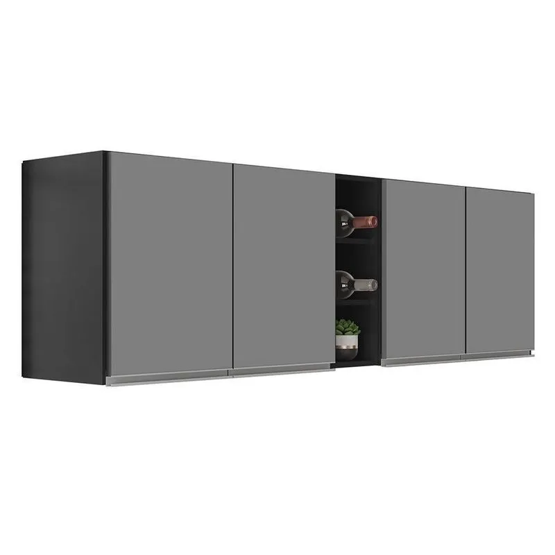 Armário De Cozinha Aéreo Califórnia Kit 2 E Nicho Adega Riad 180cm Preto-cinza - Lumil