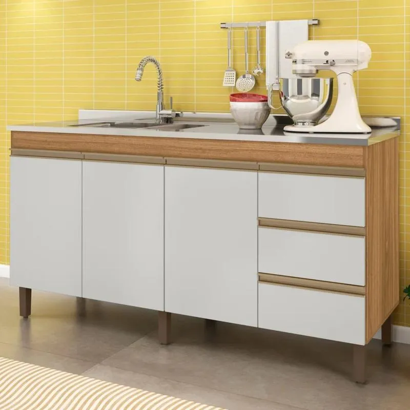 Balcão Gabinete Com Pia 160cm 3 Portas Karen Z49 Nature/Off White - Mpozenato