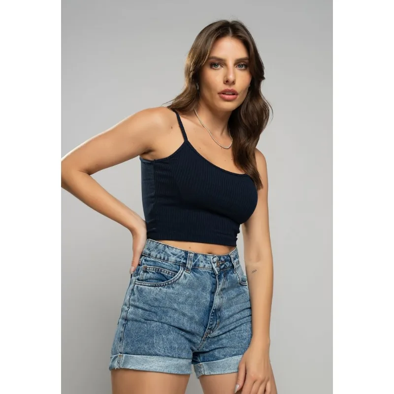 Cropped Alça Fina Canelado Azul Salvatore Tamanho P