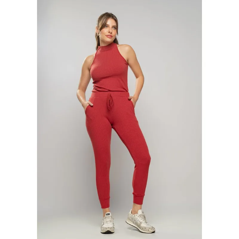 Calça Jogger Comfy Malha Canelada Terracota Salvatore Tamanho M