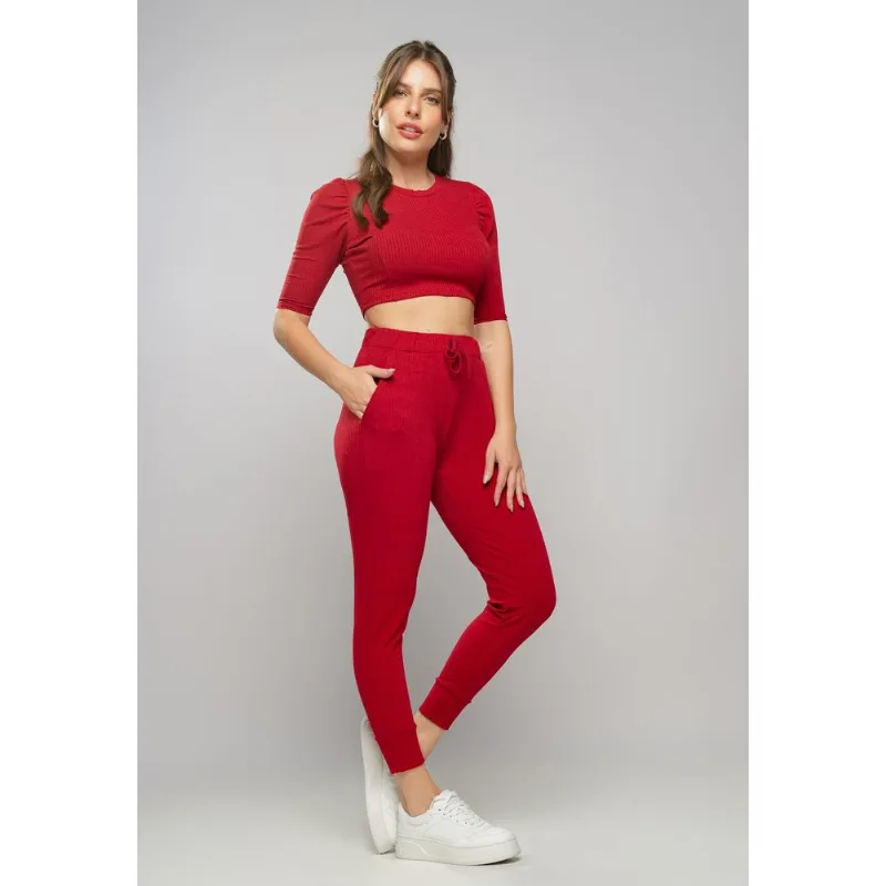 Calça Jogger Comfy Malha Canelada Vermelho Escuro Salvatore Tamanho M