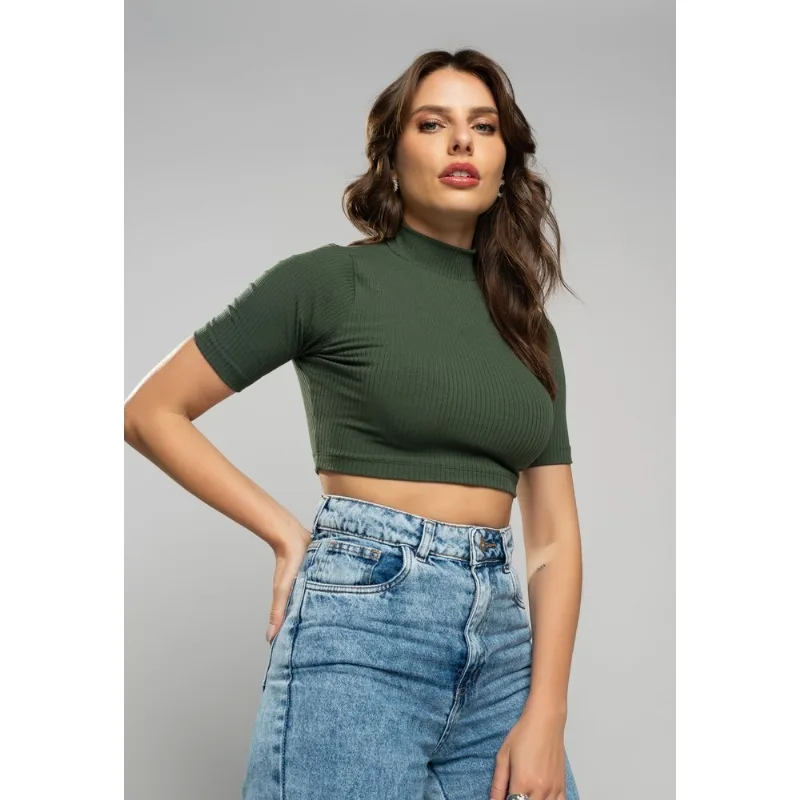 Cropped Gola Alta Comfy Malha Canelada Verde Salvatore Tamanho M