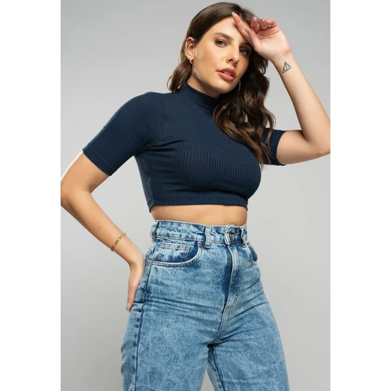 Cropped Gola Alta Comfy Malha Canelada Azul Salvatore Tamanho P