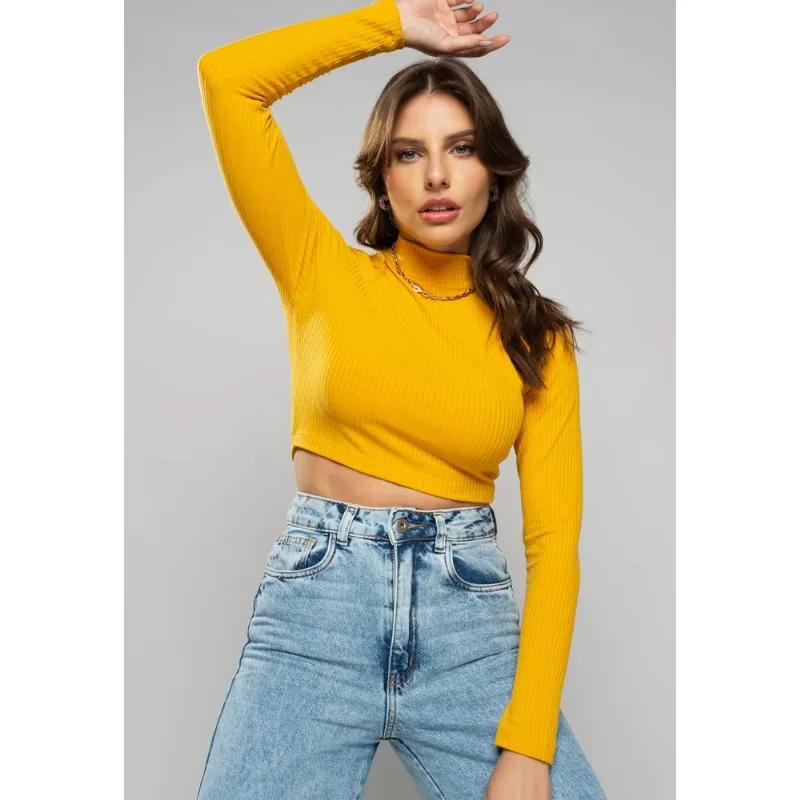 Cropped Gola Alta Manga Longa Comfy Malha Canelada Mostarda Salvatore Tamanho M