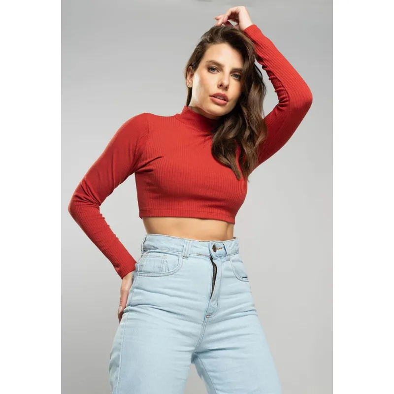 Cropped Gola Alta Manga Longa Comfy Malha Canelada Terracota Salvatore Tamanho P