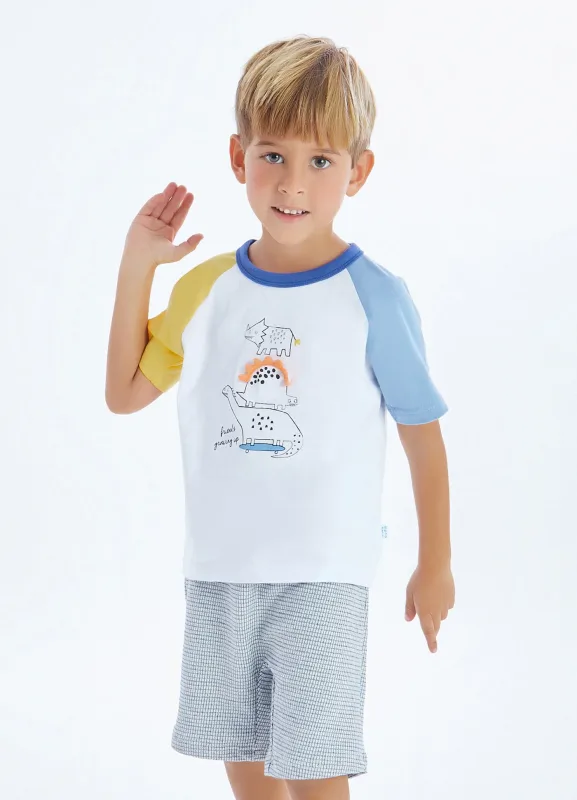Conjunto Meninos Camiseta Branca e Bermuda Dino Legal Alphabeto