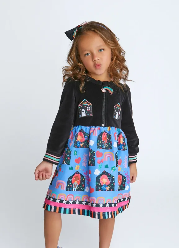 Vestido Infantil Manga Longa Veludo Preto e Azul Lá em Casa Alphabeto
