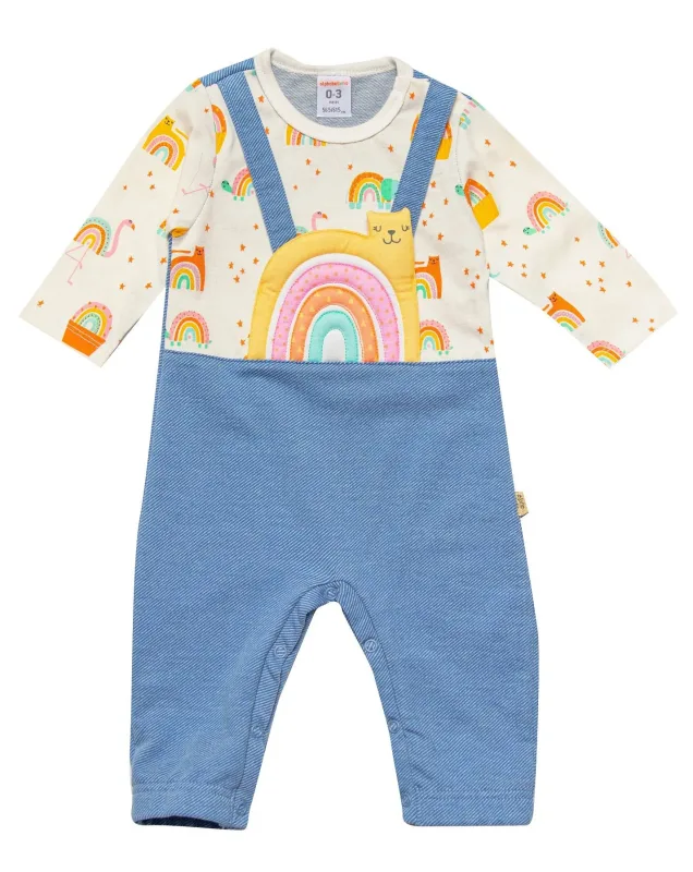 Macacão Bebê Magia do Arco-Íris Off-White e Azul Jeans Alphabeto