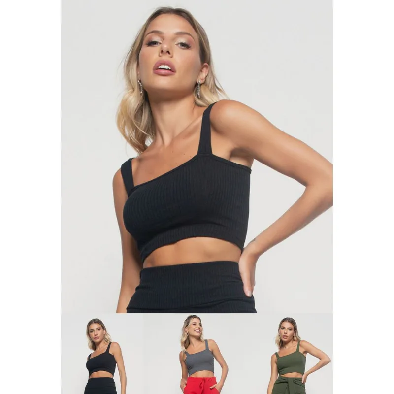 Kit 3 Croppeds Top Faixa Comfy Malha Canelada Preto, Grafite e Verde Salvatore Tamanho M