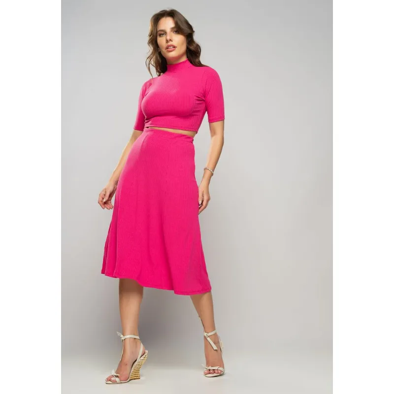 Saia Midi Godê Canelada Pink Salvatore Tamanho M