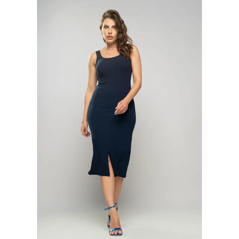 Vestido Midi Fenda Canelado Azul Salvatore Tamanho M