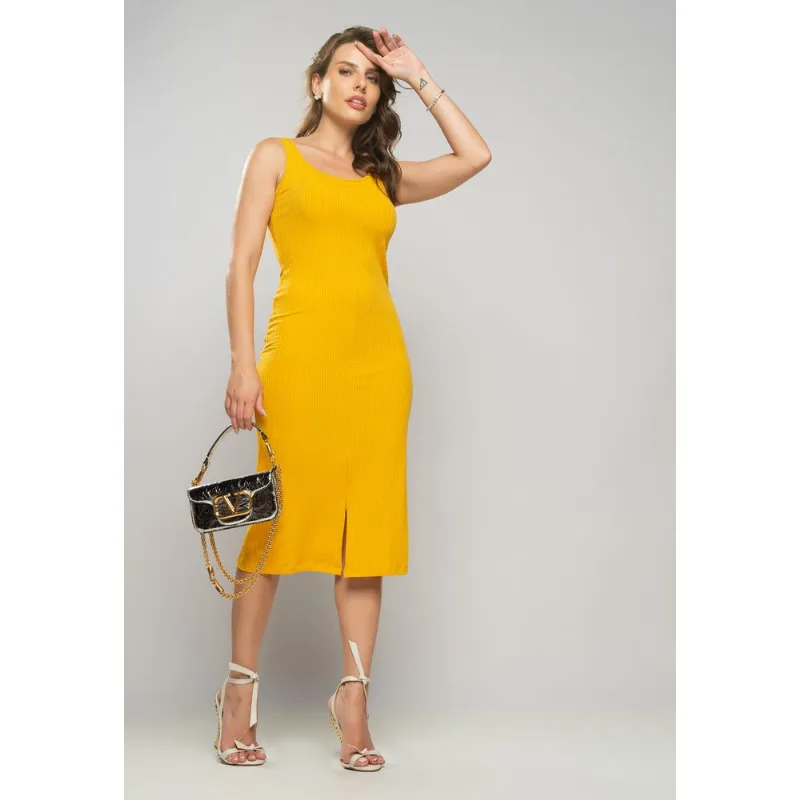 Vestido Midi Fenda Canelado Mostarda Salvatore Tamanho P