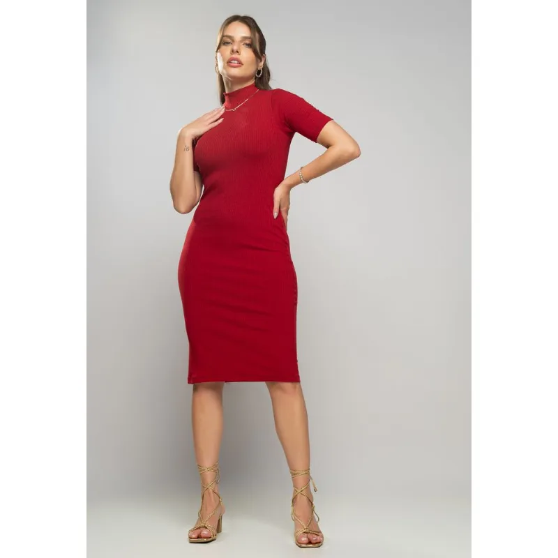 Vestido Midi Manga Curta Canelado Vermelho Salvatore Tamanho M