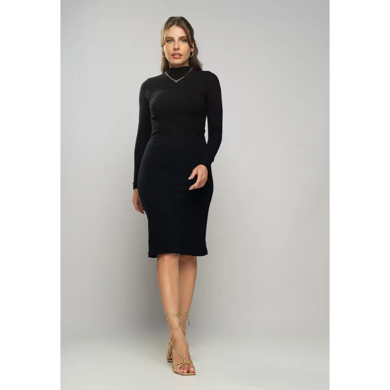 Vestido Midi Manga Longa Canelado Preto Salvatore Tamanho G