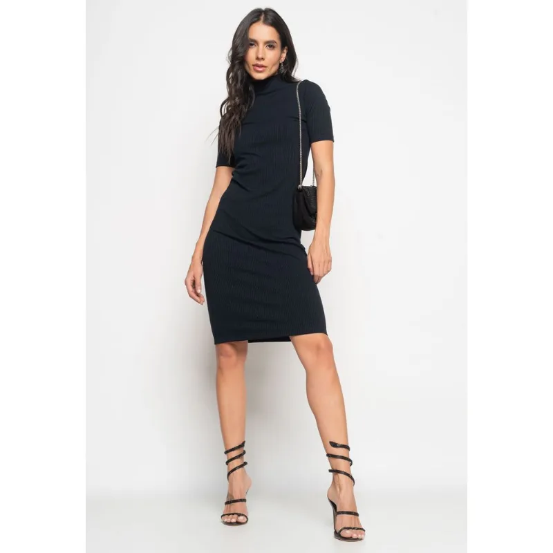 Vestido Midi Manga Curta Canelado Preto Salvatore Tamanho P