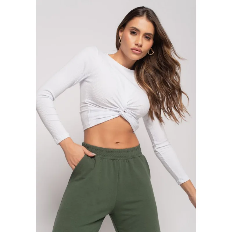 Cropped Nó Manga Longa Canelada Branco Salvatore Tamanho M