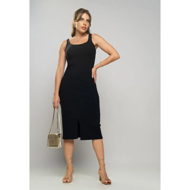 Vestido Midi Fenda Canelado Preto Salvatore Tamanho P