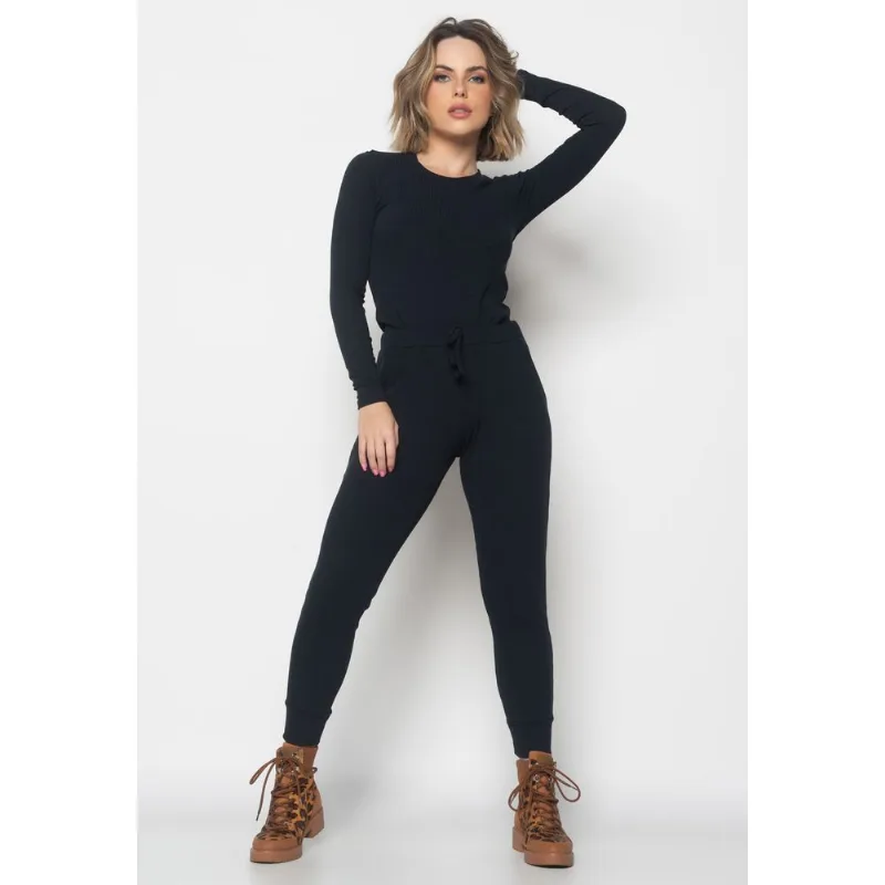 Conjunto Comfy Com Blusa Manga Longa e Jogger Canelada Preto Salvatore Tamanho G