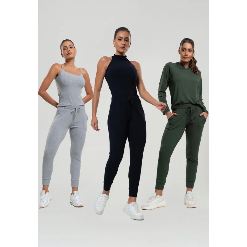 Kit 3 Calças Jogger Comfy Malha Canelada Preta, Verde e Mescla Salvatore Tamanho M