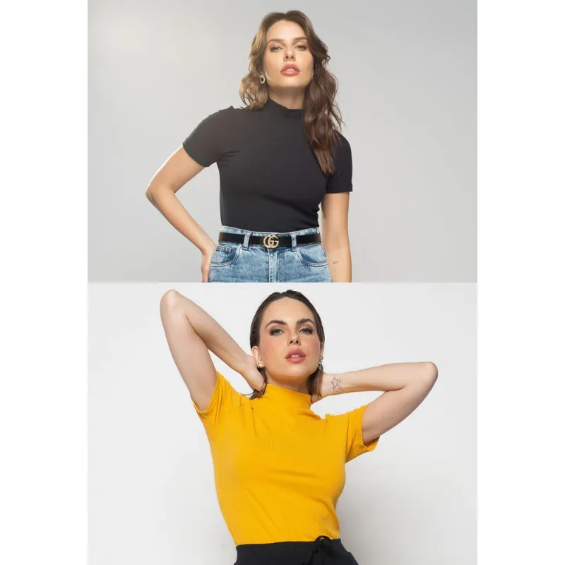 Kit 2 Blusas Gola Alta Comfy Malha Canelada Preta e Mostarda Salvatore Tamanho M