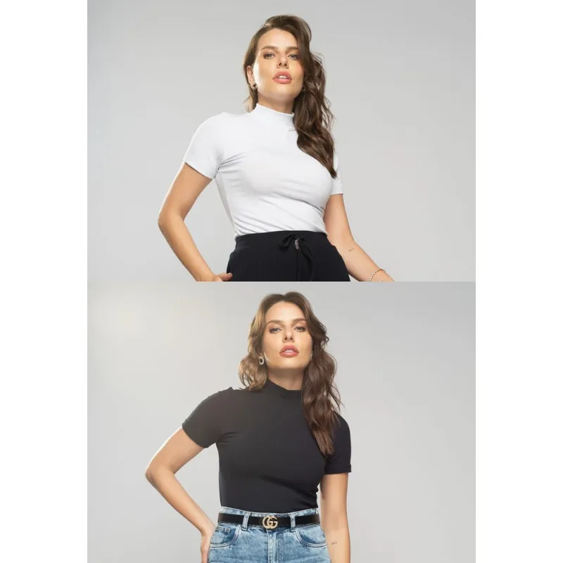 Kit 2 Blusas Gola Alta Comfy Malha Canelada Preta e Branca Salvatore Tamanho G