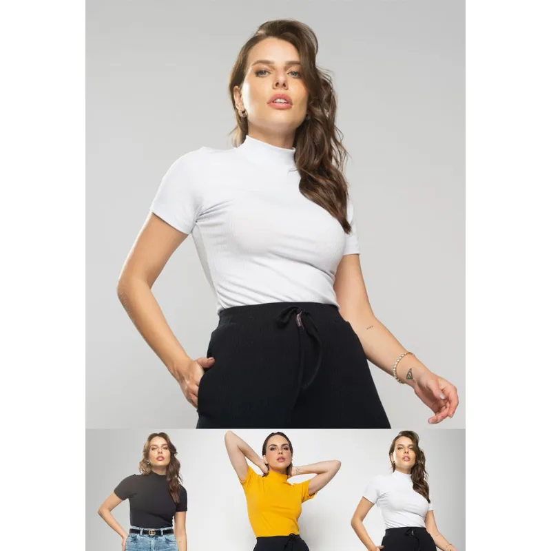 Kit 3 Blusas Gola Alta Comfy Malha Canelada Preta, Branca e Mostarda Salvatore Tamanho M