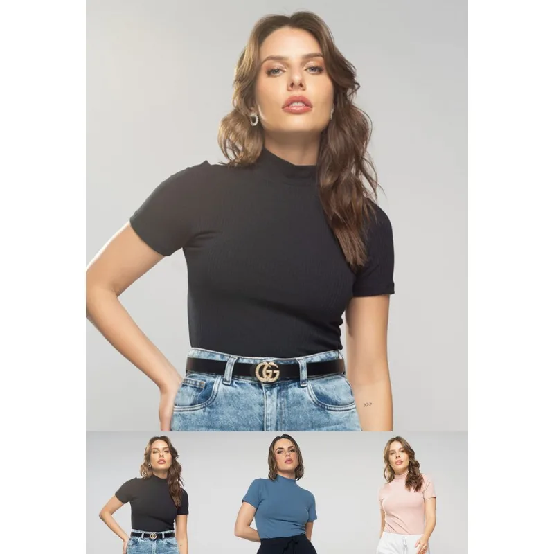 Kit 3 Blusas Gola Alta Comfy Malha Canelada Preta, Azul e Rosa Salvatore Tamanho P
