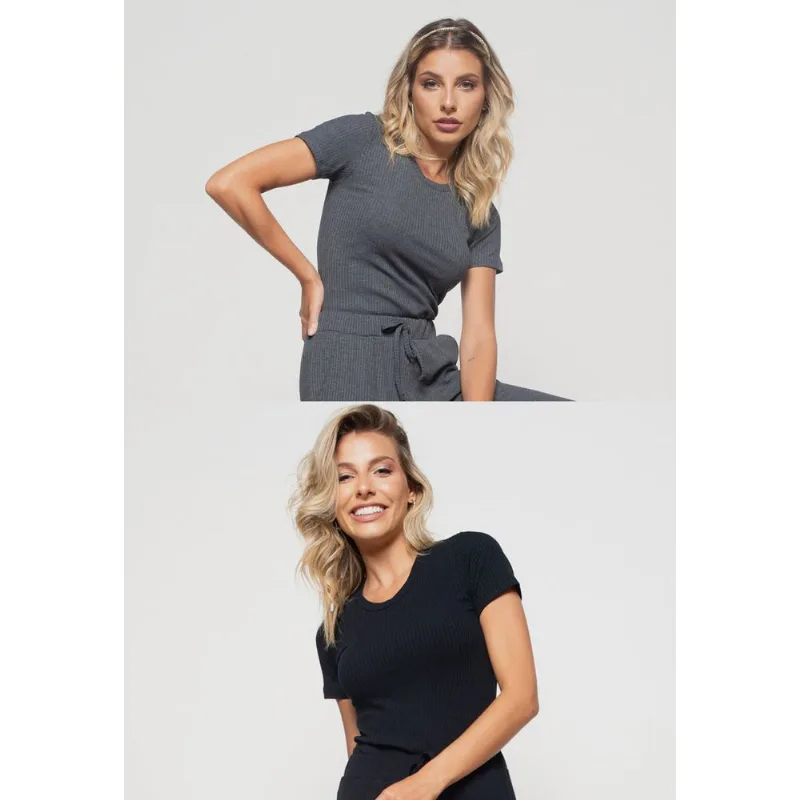 Kit 2 Blusas Básicas Comfy Malha Canelada Preta e Grafite Salvatore Tamanho P