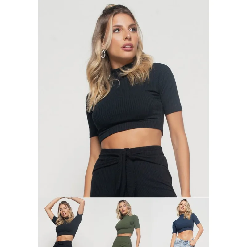 Kit 3 Croppeds Gola Alta Comfy Malha Canelada Verde, Preto e Azul Salvatore Tamanho P