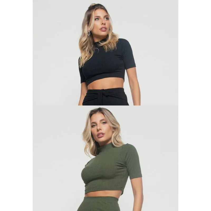 Kit 2 Croppeds Gola Alta Comfy Malha Canelada Verde e Preto Salvatore Tamanho G