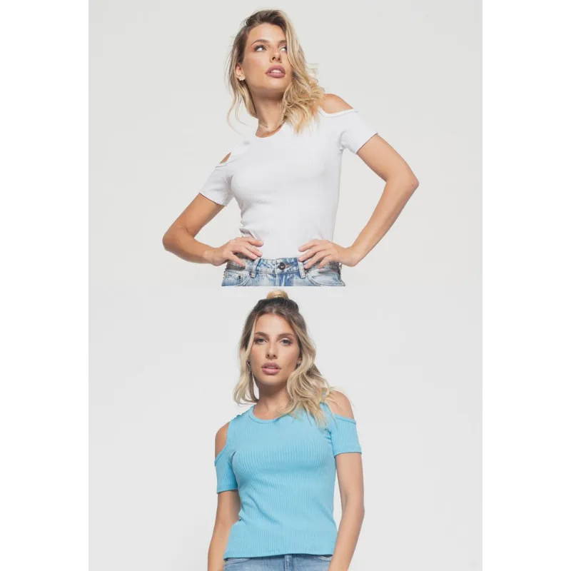 Kit 2 Blusas Ombro Vazado Malha Canelada Branco e Azul Salvatore Tamanho P