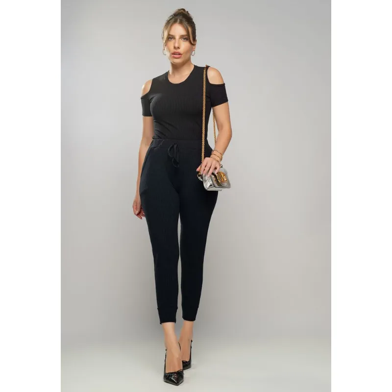 Conjunto Comfy Com Blusa Ombro Vazado e Jogger Canelada Preto Salvatore Tamanho G