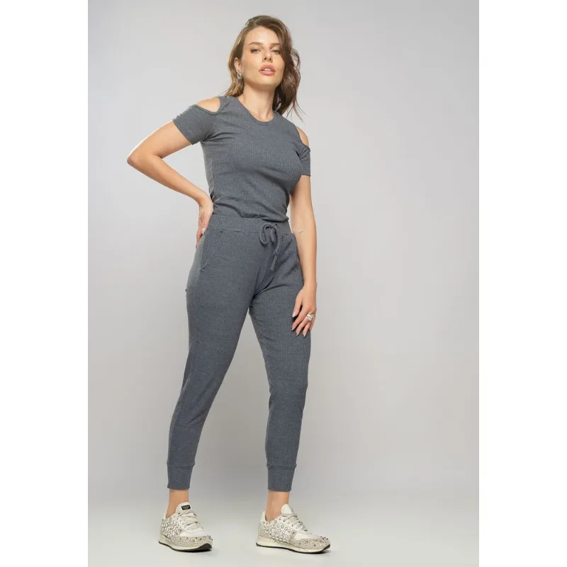 Conjunto Comfy Com Blusa Ombro Vazado e Jogger Canelada Grafite Salvatore Tamanho P
